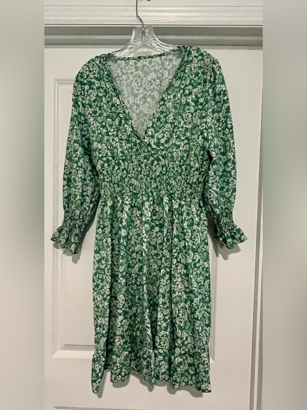 Green Floral V-Neck Smocked Midi Dress